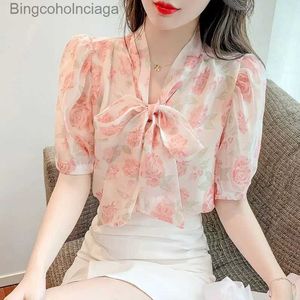 Mulheres T-shirt Verão Elegante Floral Impresso Chiffon Blusas Mulheres Moda Laço Solto Curto Sle Camisa Casual Coreano Fe Roupas TopsL231208