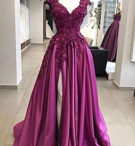 Evening Dresses Purple Prom Gown Party New Custom Plus Size Lace Up Zipper Beaded A Line Satin Thigh-High Slits V-Neck Sleeveless Applique