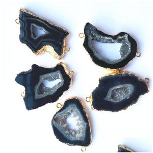 Anhänger Halsketten Natürliche schwarze Achate Slice Connectors Gold Irregar Onyx Druzy Stones Anhänger für DIY Schmuck Makingpendant Drop Del Otc5N