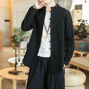 Camisas casuais masculinas estilo chinês camisa homens tradicionais china kungfu roupas vintage algodão linho hanfu sólido tang terno top primavera