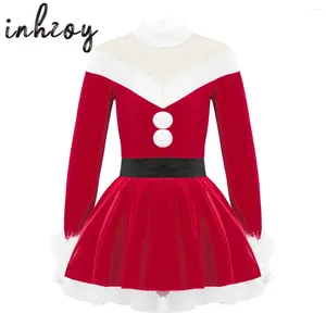 Scene Wear Kids Girls Velvet Christmas Santa Claus Costume Xmas Holiday Fancy Party Tutu Dress Gymnastics Leotard Figur Skating Dancewear