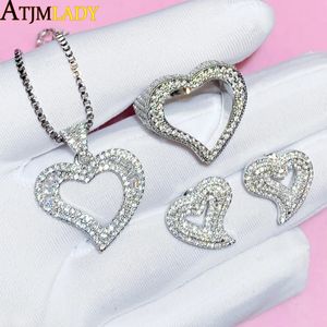 Conjuntos de jóias de casamento 2023 Iced Out Moda CZ Oco Coração Pingente Colar Cubic Zirconia Bling Hearts Anel Brinco Mulheres HipHop 231208