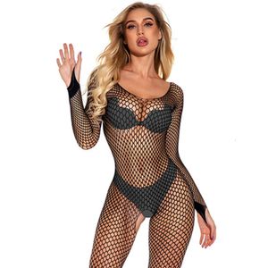 Sexy One-piece Mesh Tight Stockings Women's Fishnet Cardigan Seductive Tights Pamas Jumpsuit Teddy Babydoll Lingerie