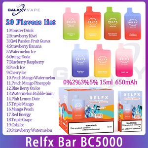 Authentic Relfx Bar BC5000 Puff E Cigarette 650mAH Rechargeable Battery 15ml pre-filled Pod 0%2%3%5% level 20 Flavors Puffs 5 kit