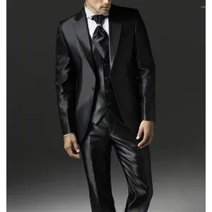 Ternos masculinos blazer masculino colete jaqueta calças preto três peças único breasted entalhado lapela cetim luxo traje hombre casamento noivo