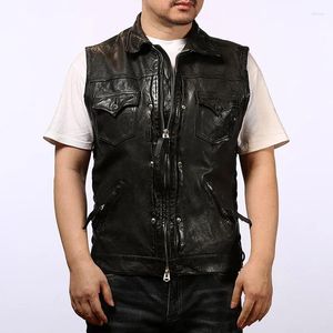 Coletes masculinos verão couro motociclista modelo undershirt homens mulheres lapela multi-bolso moda casual cabeça camada vegetal curtido casaco de pele de carneiro