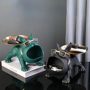 Storage Boxes Fashionable French Bulldog resin decoration living room entrance bedroom tabletop decoration home key jewelry storage box with tray 231208