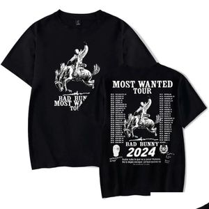 Мужские футболки Рэпер Bad Bunny Most Wanted Tour 2024 Футболка большого размера для женщин и мужчин Летняя мода с круглым вырезом с коротким рукавом Забавная футболка Grap Ot2Sd