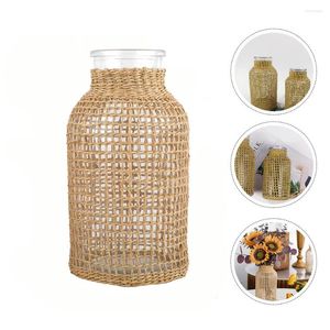 Vases Flower Wicker Vase Glass Desktop Rattan Woven Basket Pot Seagrass Arrangement