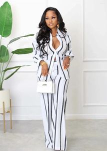 Women's Two Piece Pants Vertical Striped Formal Outfits For Women Business Workwear Suits Long Sleeve Turn Down Shirt With Wide Leg Trousers