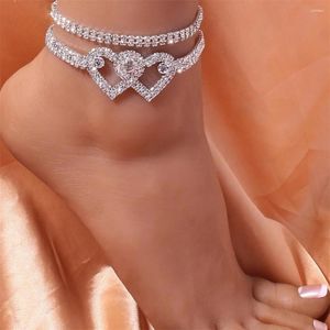 Anklets Double Love Heart To Anklet Glamour Shiny Zircon Golden Silvery Jewelry For Women Girl Summer Beach Pave CZ Foot