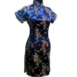 Базовые повседневные платья, темно-синее традиционное китайское женское платье, атласное короткое Ципао, винтажный Cheongsam на пуговицах с драконом, большие размеры 3XL, 4XL, 5XL, 6XL 231207