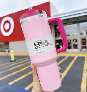 US Stock Pink Flamingo Tumbler Quencher H2.0 1: 1 Make With Logo 40oz rostfria stålkoppar Handtagning Lock och halm 2nd Generation Car Mugs Water Bottles GG1208