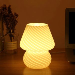 Decorative Objects Figurines Glass Mushroom Table Lamp for Room Decor LED E27 USB AU CN EU UK US Plug Frosted / Striped 3 Colors Dimmable Vintage Night Light 231207