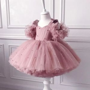 Pullover 0 5y Dysporta dla dziewczynek chrzest Pearl Mesh Princess Tutu Tutu Bow Party 231207