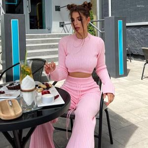 Women's T Shirts Elegant Office Ladies Knitting Sets Crop Top And Lace Up Flare Pant Two Piece For Women Versatile Suits Chic