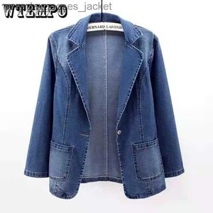 レディースジャケットwtempo women one button up jean coat耐久性プラスサイズカーディガンレディースミッドウォッシュデニムバイカージャケット春秋のブレザーL231208