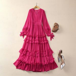 2024 Spring Hot Pink / Blue Solid Color Ruffle Chiffon Dress Long Sleeve V-Neck Paneled Long Maxi Casual Dresses S3D041130