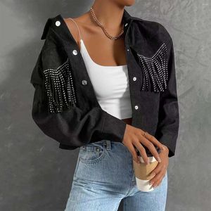 Damenjacken, Vintage-Jeansjacke mit Quasten, schmale Passform, kurze Jean-Oberbekleidung, Ganzjahres-Einreiher, Revershemd, Mäntel, Crop-Tops