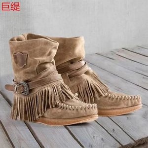 Boots Tassels Fringe Western Cowboy Boots for Women Vintage Retro Handmade Stitching Cowgirl Booties Slip on Ankle Boots Short Boots 231207