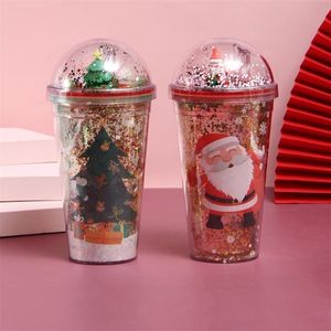 Vattenflaskor Dubbla plast Straw Cups Cartoon Christmas Barn Bottle Gifts Mugs Travel Tea Kids Drinkware Dropship 231207