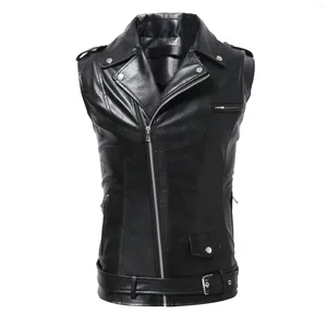 Men's Vests Black Collar PU Men Vest Waistcoat Winter Jacket Turn-Down Thicken Warm Coat Sleeveless Leather Clothes Male Clothing 3XL