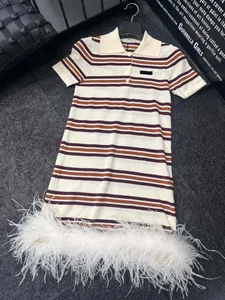 Autumn Fashion Designer Striped Straight Barrel Midi Women's Turn-down Collar Button Short Sleeve Feathers Dress