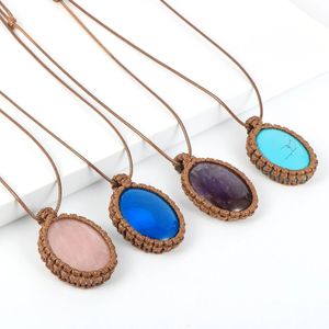 Pendant Necklaces Macrame Large Oval Natural Stone Crystal Necklace for Men Waxed Rope Adjustable Braided Knot Turquoises Women Gemstone Necklace 231207