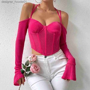 Damen Tanks Camis Sexy Cross Neckholder Korsett Bustier Mesh Bone Long Sle Tank Tops Frauen Wrap Tube Tops Rückenfrei Slim Fit Cut Out Front Tops L231208