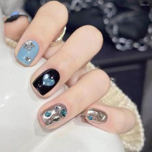 False Nails 24Pcs Cute Blue Heart Silver Diamond Removable Wear Nail Art Y2K Vitality Girl Short Fake Star Patch