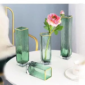 Vases Square Light Green Translucent Glass Vase Decorative Ornaments Desktop Hydroponic Flower Arrangement Container Decor