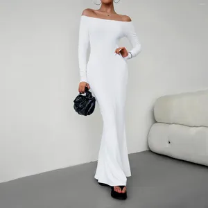 Casual Dresses Clinkly White Slim Fashion Maxi Dress For Women Backless Elegant Long Sleeve Party Gown Off-shoulder Solid Summer 20