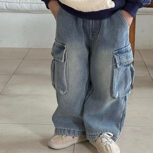 Trousers Children Clothing Kids Denim Pants Korean Style 2023 Autumn Winter Fashionable Retro Pocket Straight Leg Casual Jeans