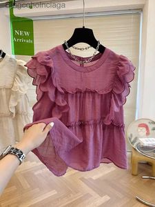 Kvinnors t-shirt kvinnor Petal Edge Chic Purple Blus Loose Off Shoulder O-Neck Solid Color Puff Sle Loose Tops Shirtl231208