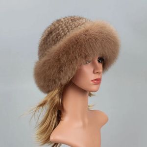 Beanieskull Caps Real Fur Hat Winter for Women's Cap Natural Mink Päls med päls beanies lyxiga ryska solen stickar hink hatt Bonnets mode 231207