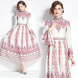 Women Boutique Flare Sleeve Dress Long Sleeve Printed Dress 2024 Spring Autumn Mid Dress High-End Temperament Lady Printed Dresses Runway Holiday Dresses