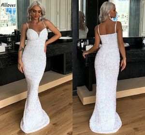 Sparkling White Sequined Prom Dresses Arabic Aso Ebi Spaghetti Stems Sexig backless Special Endan Evening Glänningar Sweep Train Plus Size Formal Party Dress CL3022