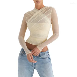 Women's T Shirts Xingqing Y2k Shirt 2000s Aesthetic Clothes Women Solid Color Long Seeve See Through Tulle Pleated Crop Top Party Streetwear