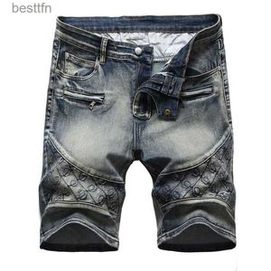 Herr sommarsträcka korta denim jeans män broderier hål tre färg cowboy casual shorts zipper dekoration retro lti-pocketl231208