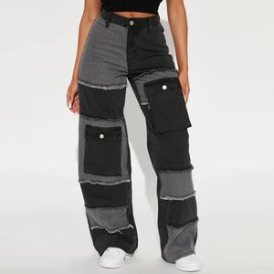 Kvinnor Casual Jeans Flare Pants Pannelled Collision Pant Fashional Tassel Pockets Hög midja Fit kvinnlig högkvalitativ gratis frakt