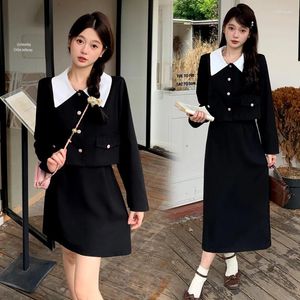 Arbeitskleider Koreanische Mode Schwarz 2 Zweiteiliges Set Damen Outfits Frühling Herbst Vintage Langarm Kurze Jacke A-Linie Rock Anzüge Y2k