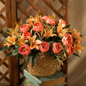 Decorative Flowers Wreaths Artificial Lily Peony Bouquet Wedding Floral Silk Fake Flowers Shopping Mall Decoration Simulation White Peonies Lilies Flower 231207