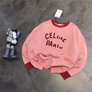 23 Autumn/Winter Women's Cel Flocking Color Contrast Letter Pink Sweater Korean Edition Loose Straight Tube Thread Terry Cotton Drop Shoulder tröja