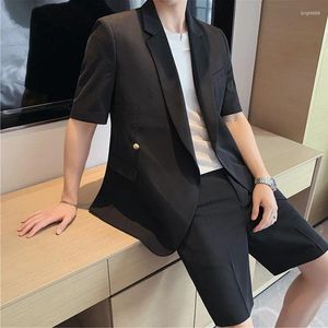 Men's Suits Summer Short Sleeve Suit Jacket Stretch Waist Shorts Korean Style Black White Thin Straight Handsome Fashion Set Man