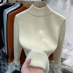 Damen-Strick-T-Shirts, koreanischer Rollkragenpullover, schlank, verdickt, Strickpullover, Frau, 2024, Winter, Plus-Samt-Pullover, lässig, mit Fleece gefüttert, warme Strickwaren, Tops 231208