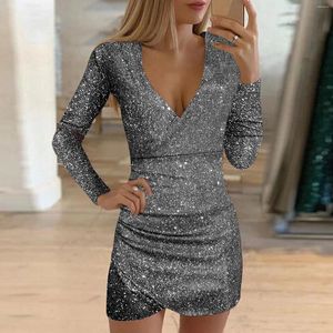 Casual Dresses Women Sexy V Neck Sequins Dress Vestidos Elegant Party Cocktail Evening Gown Damer Långärmad solid Slim