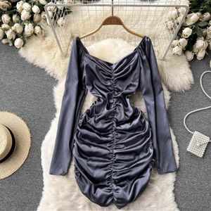 Casual Dresses Hip Wrap Dress Women's Autumn Vintage Square Neck fransk vikning midja nära smal ljus mogen stil långärmad