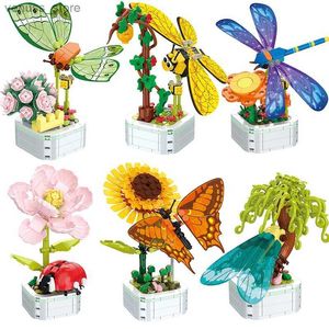 Block DIY Mini Butterfly Insect Potted Plant Bonsai Flower Block Rose Decoration Buildblock Figur Plast Toy Gift Kids Girls R231208