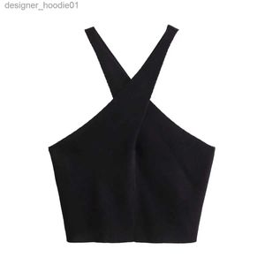 Kadın Tankları Camis Kadınlar Yeni Moda Crossover Tasarım Kırpılmış Yular Boyun Örgü Tops Vintage Yatılmamış Geri Arka Fe Wand Chic Teps L231208