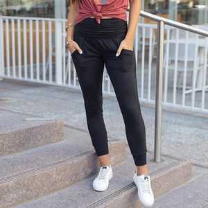 Kadınlar İçin Kadın Pantolon Taytlar Düz Renk Yüksek Bel Geniş Kafa Çift Cepleri Aşağı Giymek İçin Dokuz Çeyrek